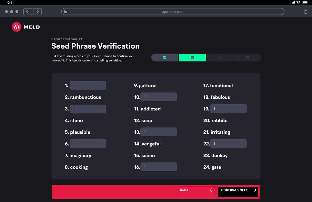 Verification of all 24 words. The heaviest step, and it came up front.