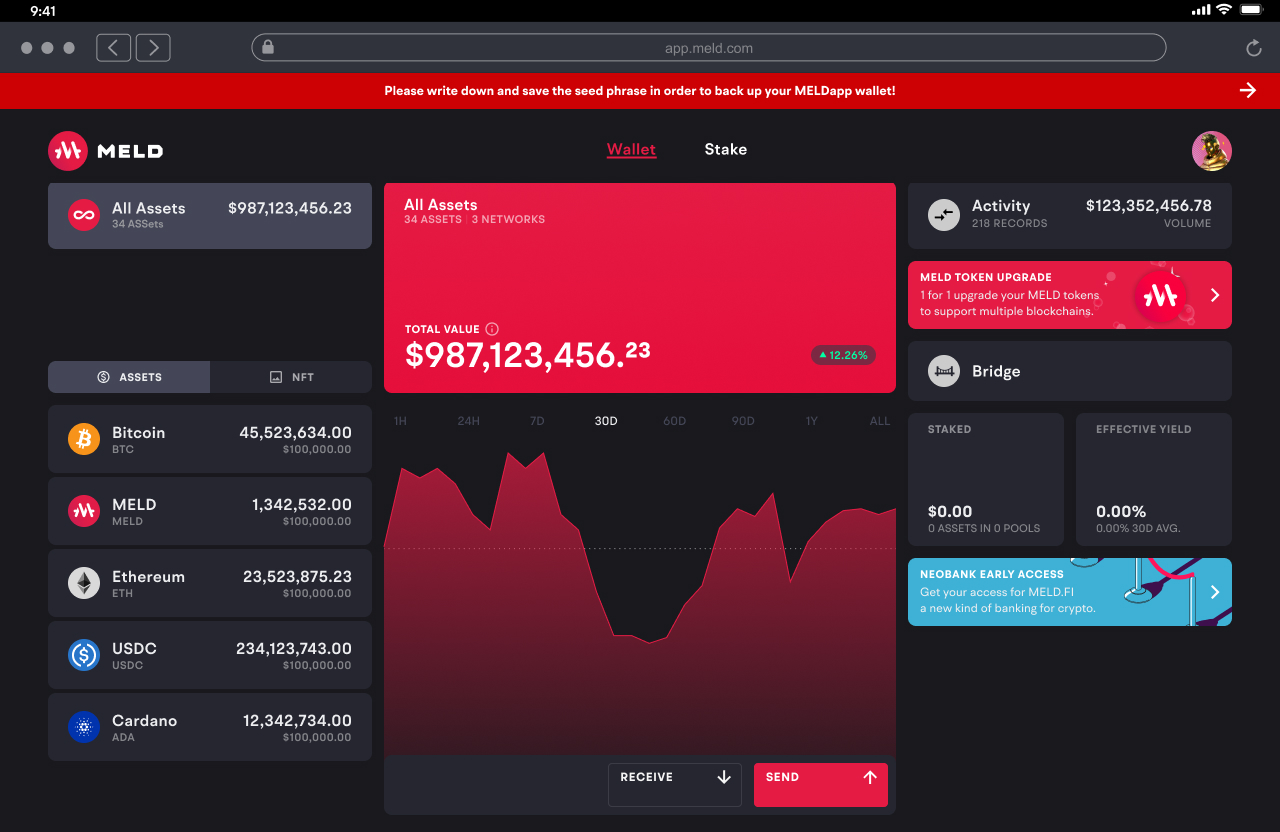 The MELD wallet with a persistent, non-dismissable seed phrase banner across the top